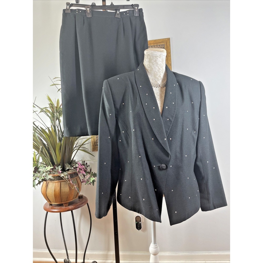 Morgan Miller Women's Size 18 Black Rhinestone Blazer Skirt Suit 2 Piece Formal